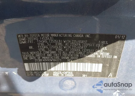 2012 Toyota Rav4 z USA, uszkodzony, nr VIN 2T3BF4DVXCW184271